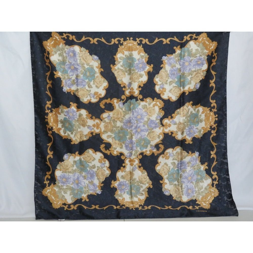 Vintage1980's Liz Claiborne Scarf Lace Floral Rose Victorian Scroll Navy Gold